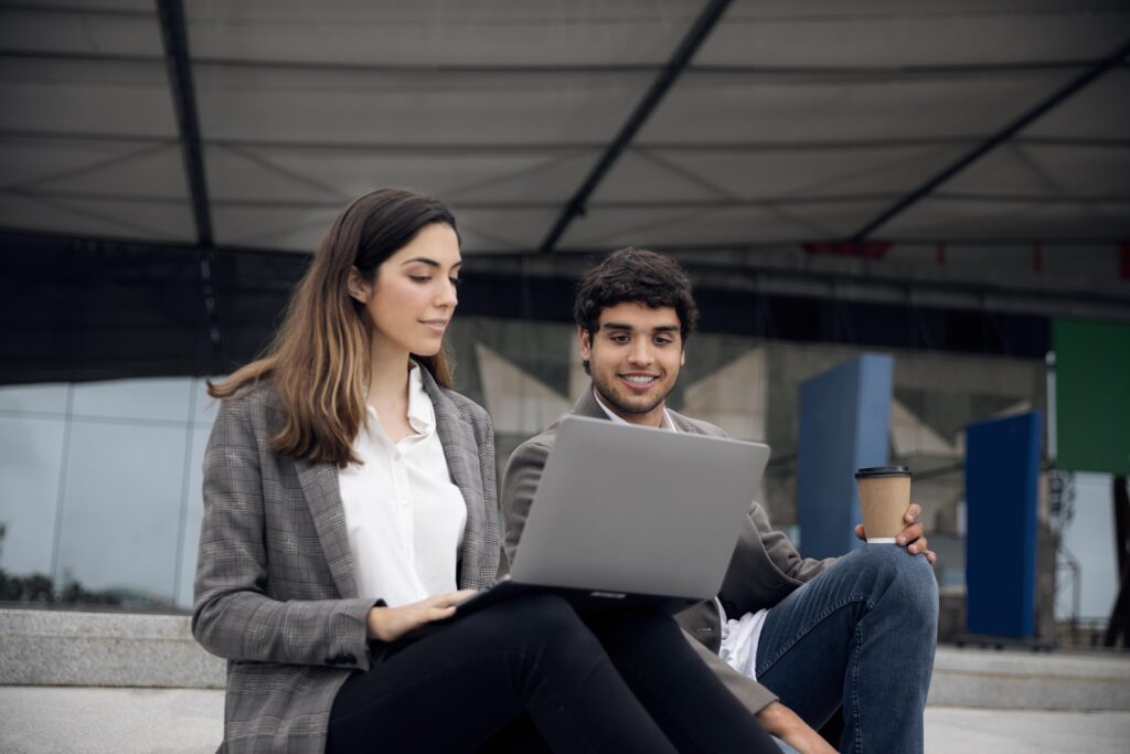 people with laptop medium shot
